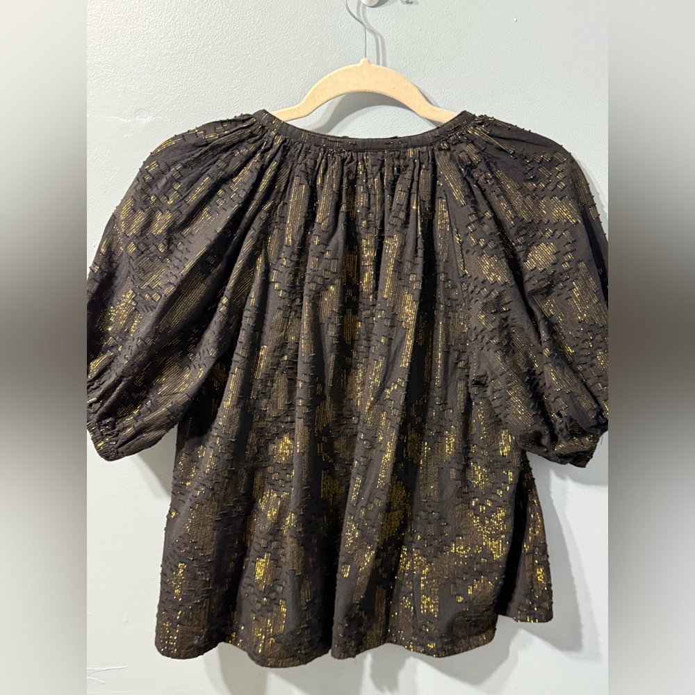 Roller Rabbit Black Gold Metallic Blouse Womens Top XS Holiday Boho Cotton - Picture 5 of 10